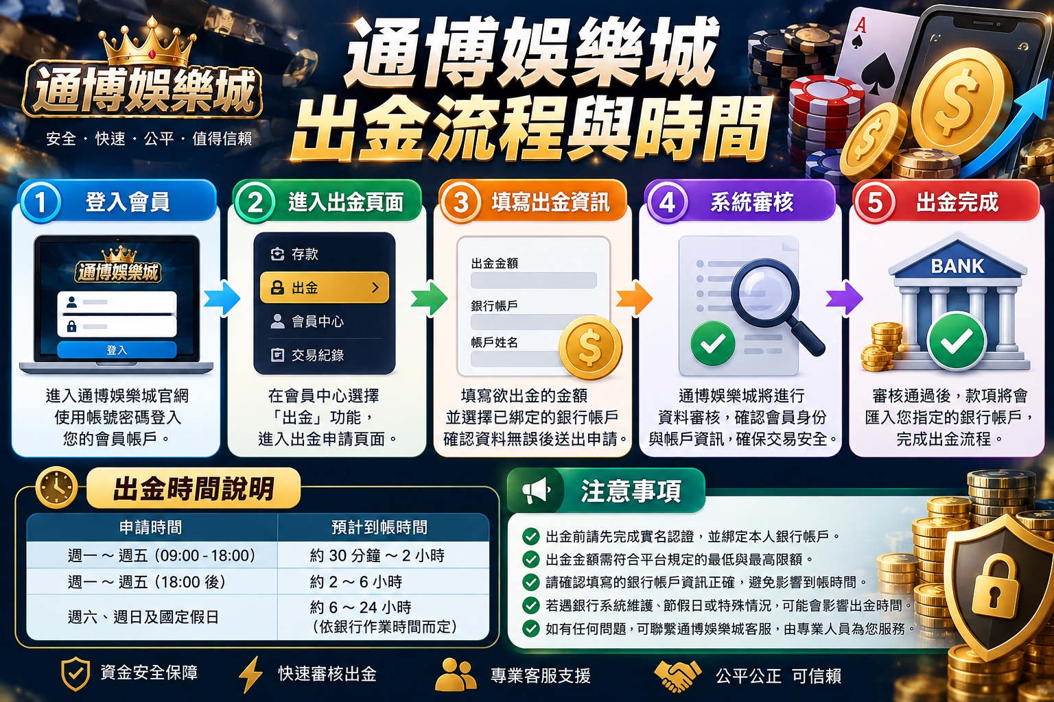 本圖詳細介紹通博娛樂城出金流程，從會員登入、填寫出金資訊、系統審核到款項入帳，幫助玩家快速了解操作步驟。 同時整理出金時間、銀行處理速度及注意事項，提醒玩家確認帳戶資料與身份驗證，降低出金延遲風險。